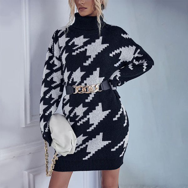 Houndstooth Knit Sweater Dress with High Collar and Long Sleeves