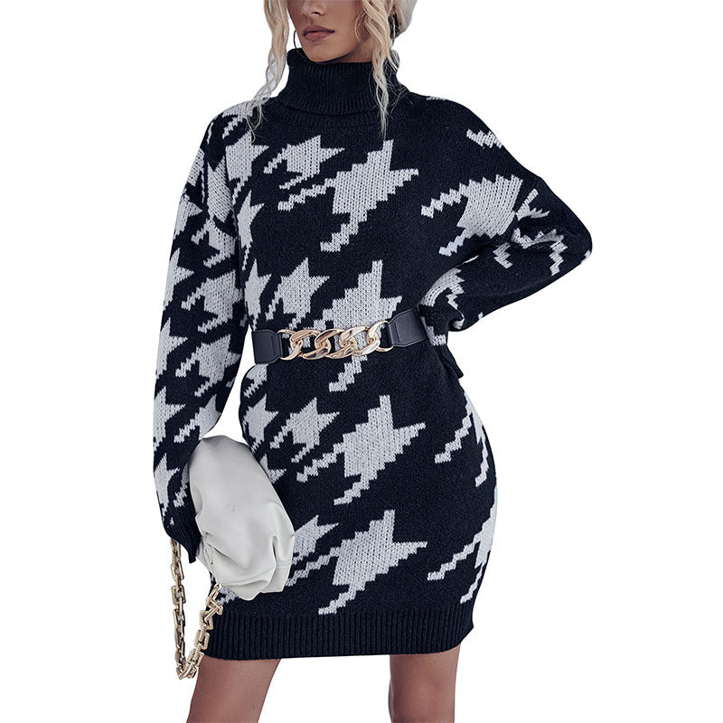 Houndstooth Knit Sweater Dress with High Collar and Long Sleeves