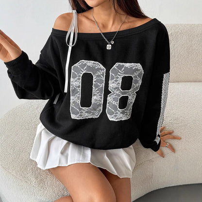Loose Fit Off-Shoulder Sweatshirt with Lace Number Applique