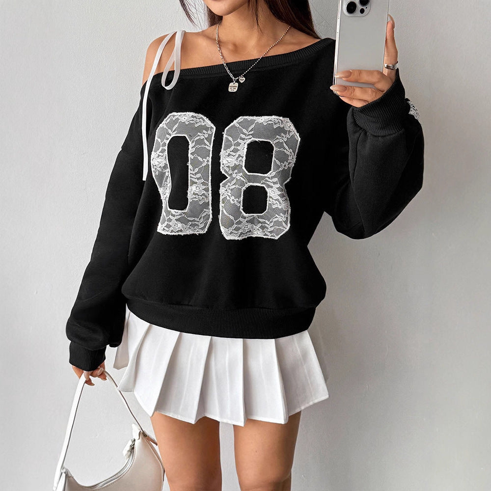 Loose Fit Off-Shoulder Sweatshirt with Lace Number Applique