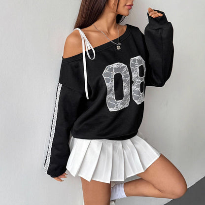 Loose Fit Off-Shoulder Sweatshirt with Lace Number Applique