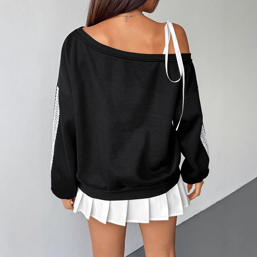 Loose Fit Off-Shoulder Sweatshirt with Lace Number Applique
