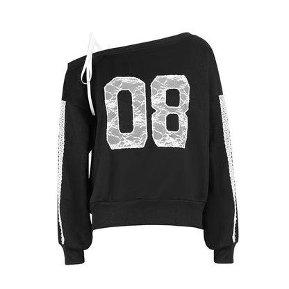 Loose Fit Off-Shoulder Sweatshirt with Lace Number Applique