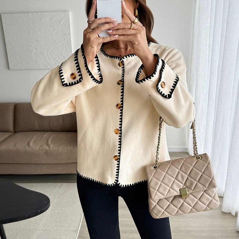 Loose Fit Fleece Jacket with Contrast Whipstitch Trim