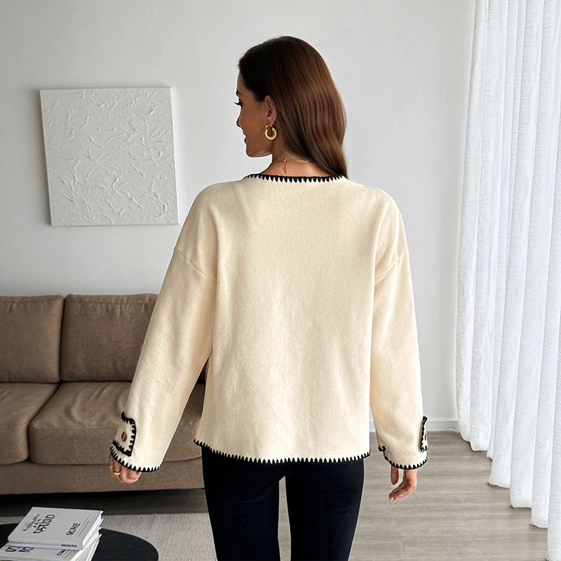 Loose Fit Fleece Jacket with Contrast Whipstitch Trim