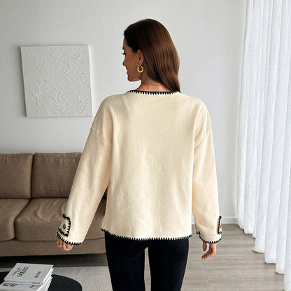 Loose Fit Fleece Jacket with Contrast Whipstitch Trim