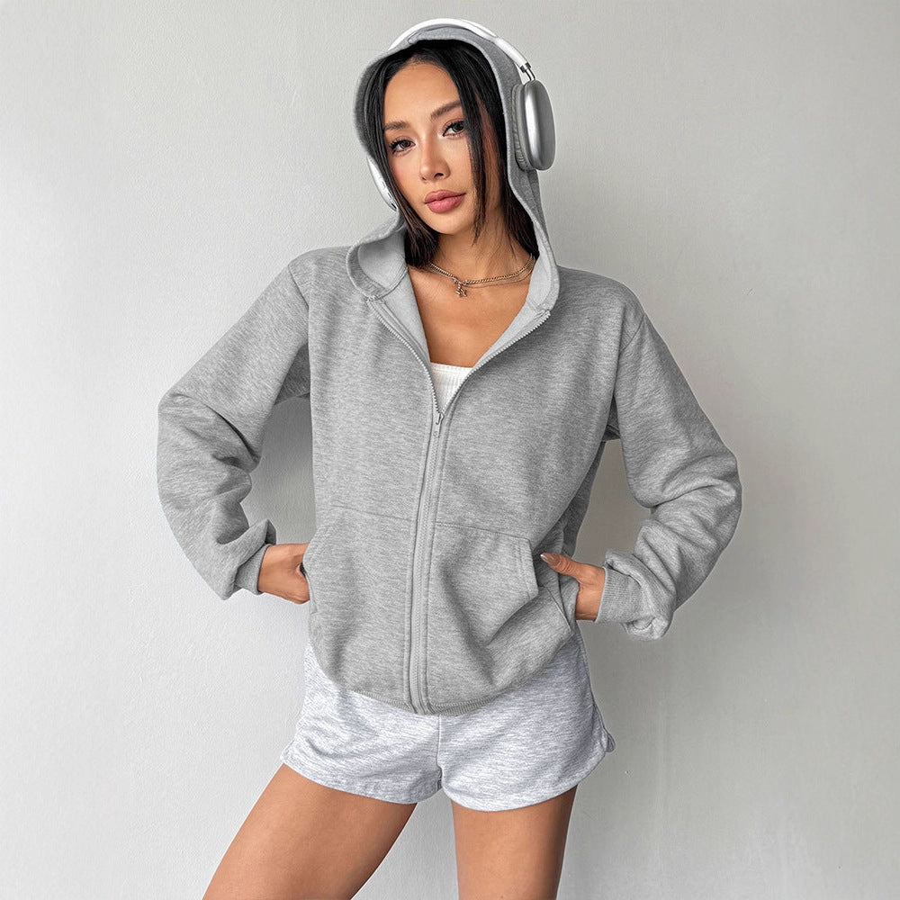 Loose Fit Zip-Up Hooded Cardigan with Front Pockets