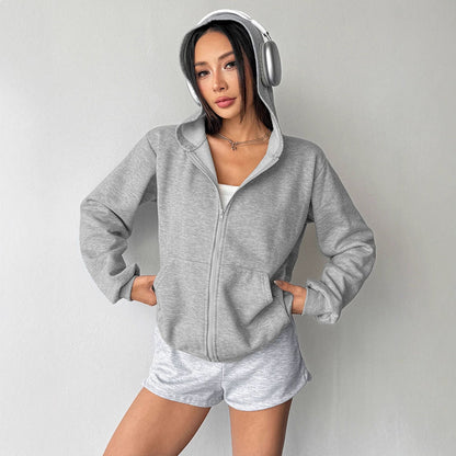 Loose Fit Zip-Up Hooded Cardigan with Front Pockets