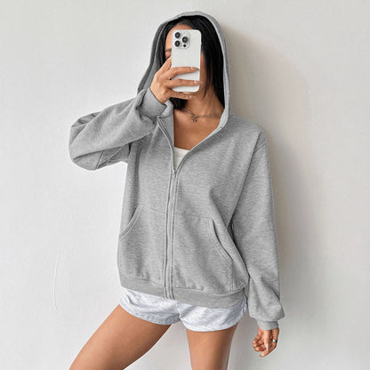 Loose Fit Zip-Up Hooded Cardigan with Front Pockets