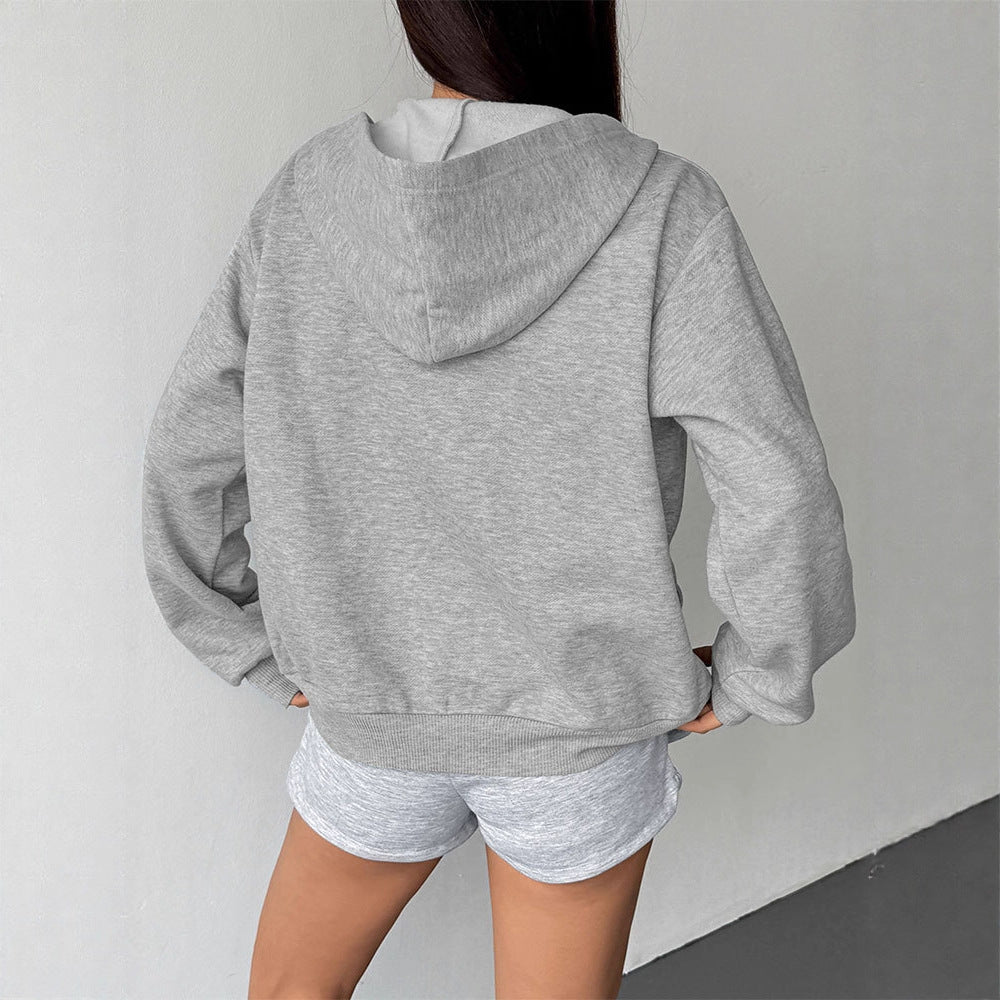 Loose Fit Zip-Up Hooded Cardigan with Front Pockets