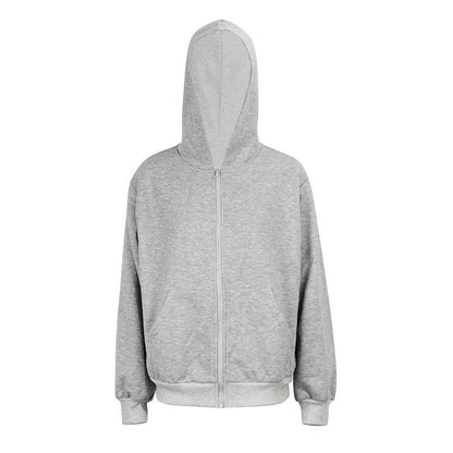 Loose Fit Zip-Up Hooded Cardigan with Front Pockets