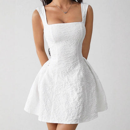 Sleeveless Jacquard Mini Dress with Square Neck and Puff Skirt