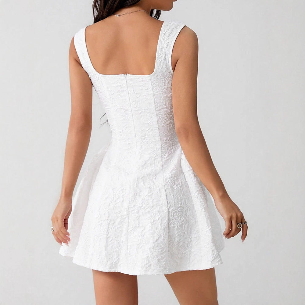 Sleeveless Jacquard Mini Dress with Square Neck and Puff Skirt