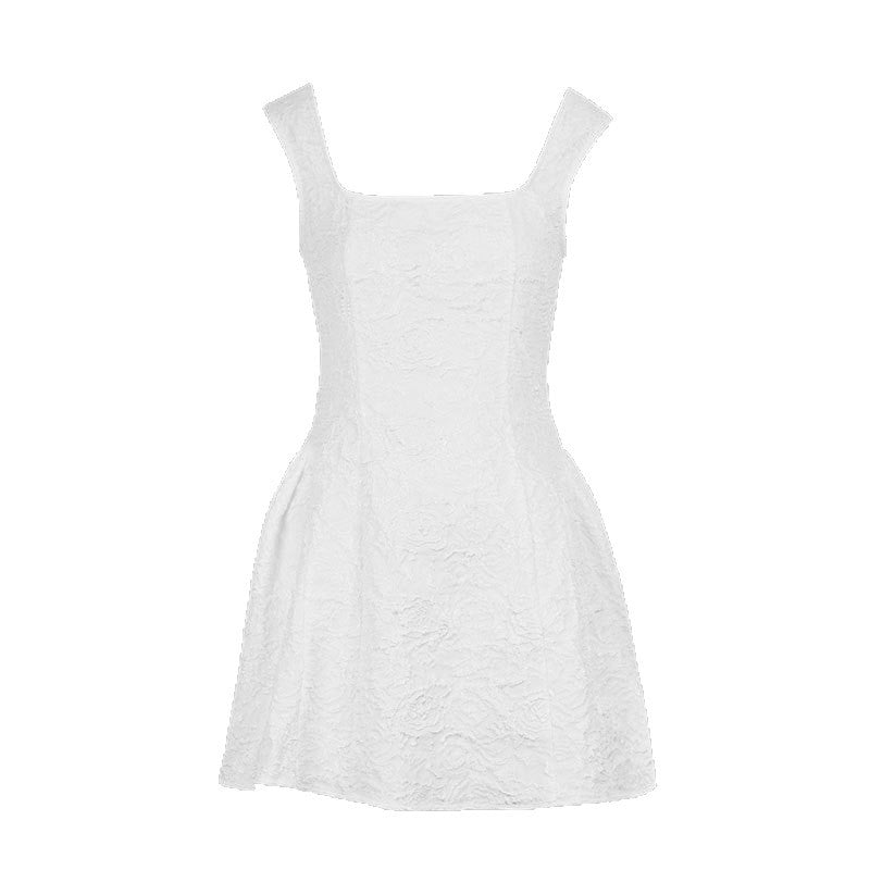 Sleeveless Jacquard Mini Dress with Square Neck and Puff Skirt