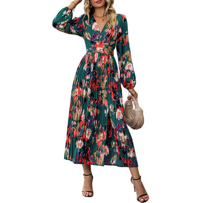 Pleated Floral Print Midi Dress with V-Neck and Long Sleeves