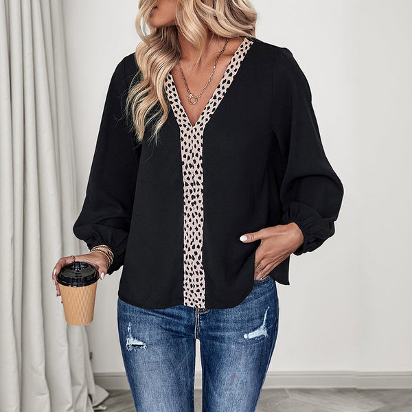 Leopard Print Color Block V-Neck Top with Long Sleeves