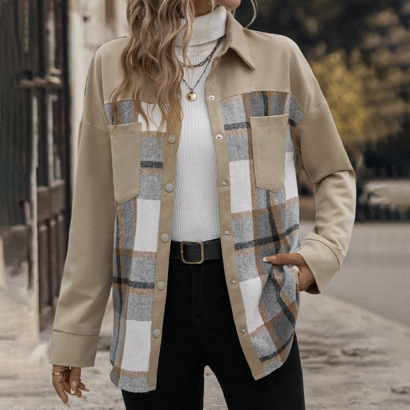 Loose Fit Spliced Plaid Shacket with Chest Pockets