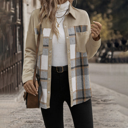 Loose Fit Spliced Plaid Shacket with Chest Pockets