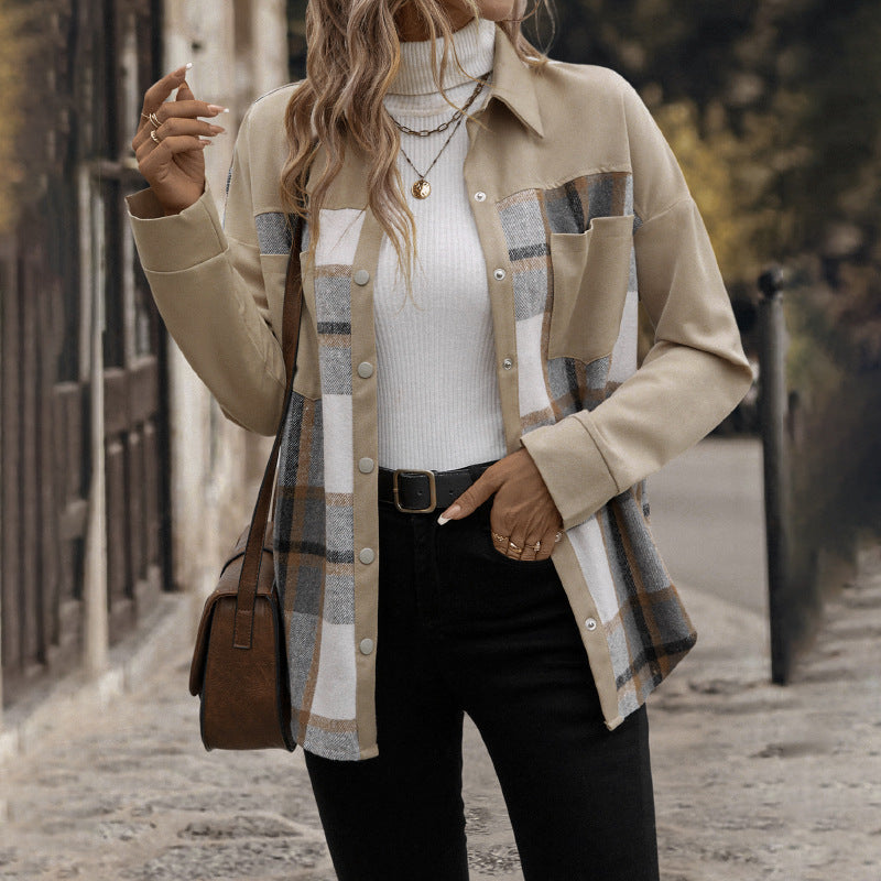 Loose Fit Spliced Plaid Shacket with Chest Pockets