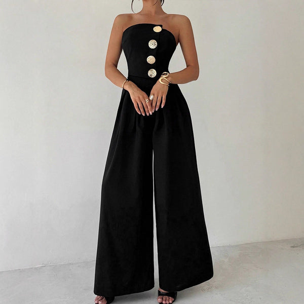Wide-Leg Strapless Jumpsuit with Metal Button Detail