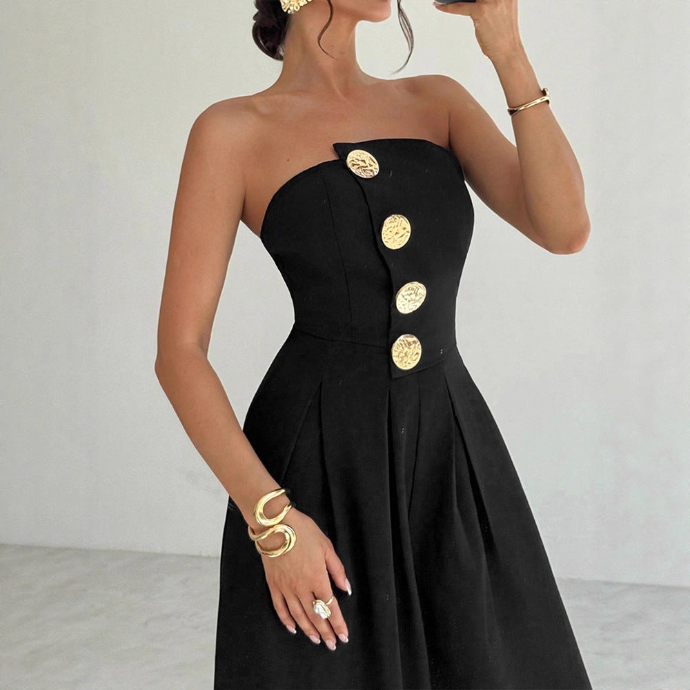 Wide-Leg Strapless Jumpsuit with Metal Button Detail