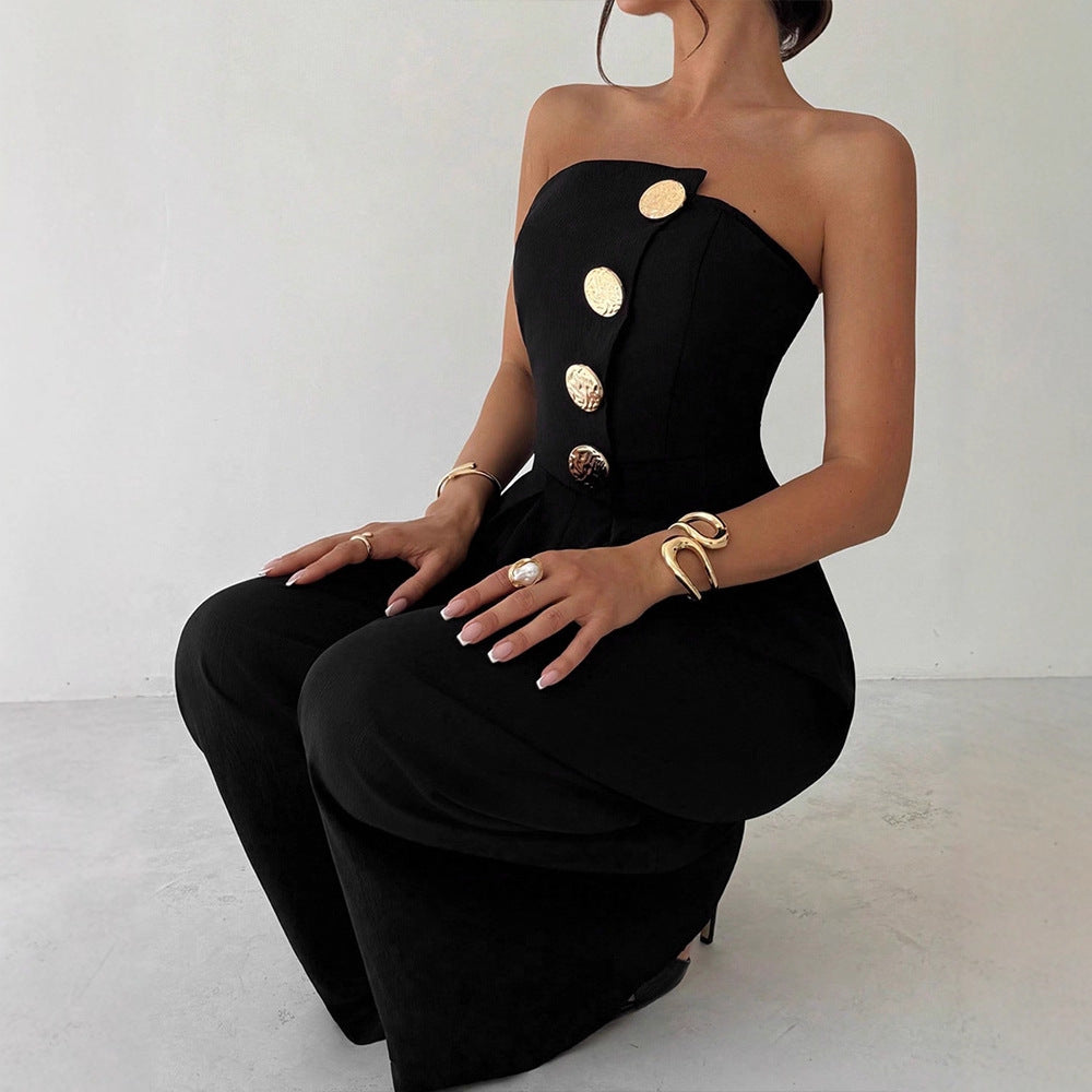 Wide-Leg Strapless Jumpsuit with Metal Button Detail