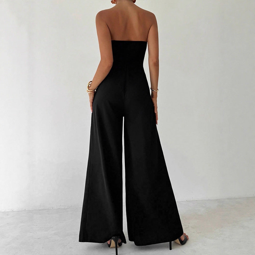 Wide-Leg Strapless Jumpsuit with Metal Button Detail