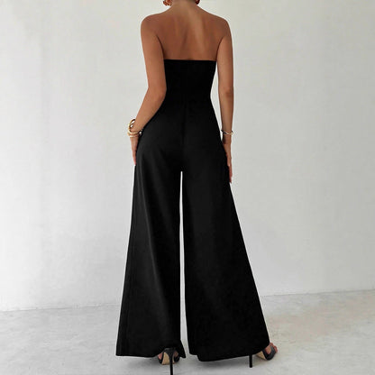 Wide-Leg Strapless Jumpsuit with Metal Button Detail