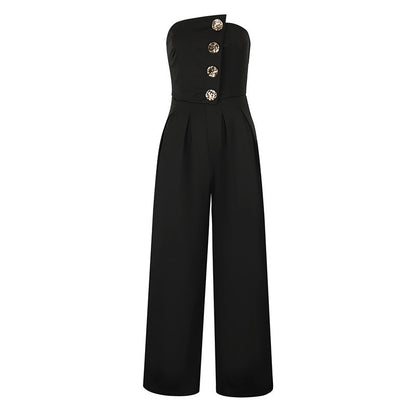 Wide-Leg Strapless Jumpsuit with Metal Button Detail