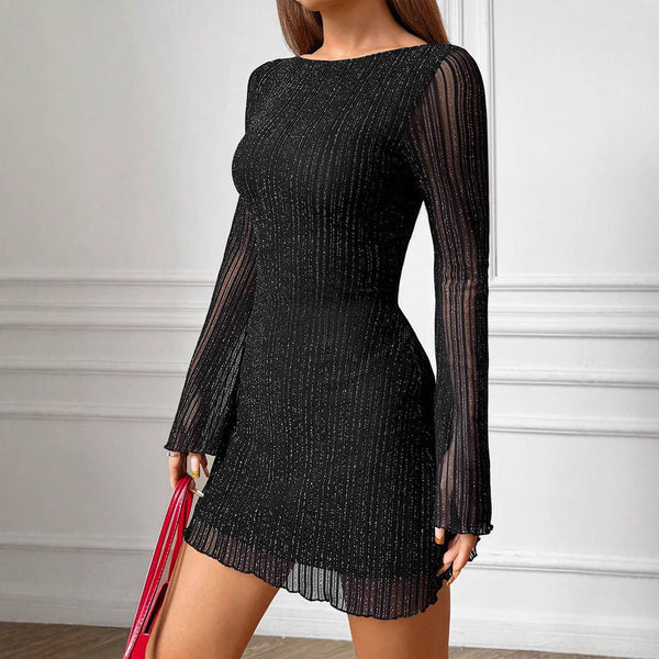 Sequined Bodycon Mini Dress with Long Sleeves and Round Neck