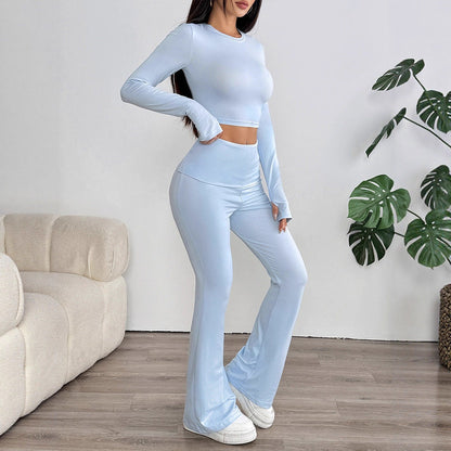 Solid Two-Piece Set with Long Sleeve Crop Top and Flared Pants