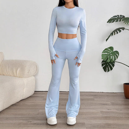 Solid Two-Piece Set with Long Sleeve Crop Top and Flared Pants
