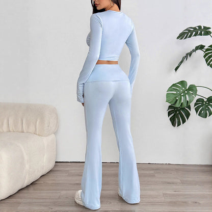 Solid Two-Piece Set with Long Sleeve Crop Top and Flared Pants