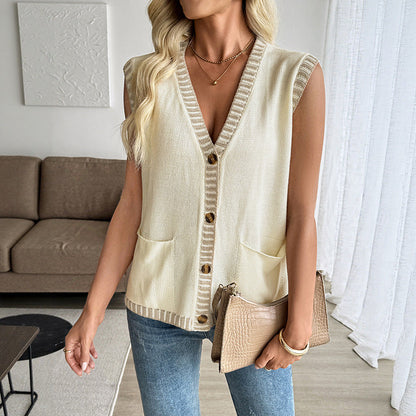 V-Neck Knit Vest with Contrast Trim and Patch Pockets