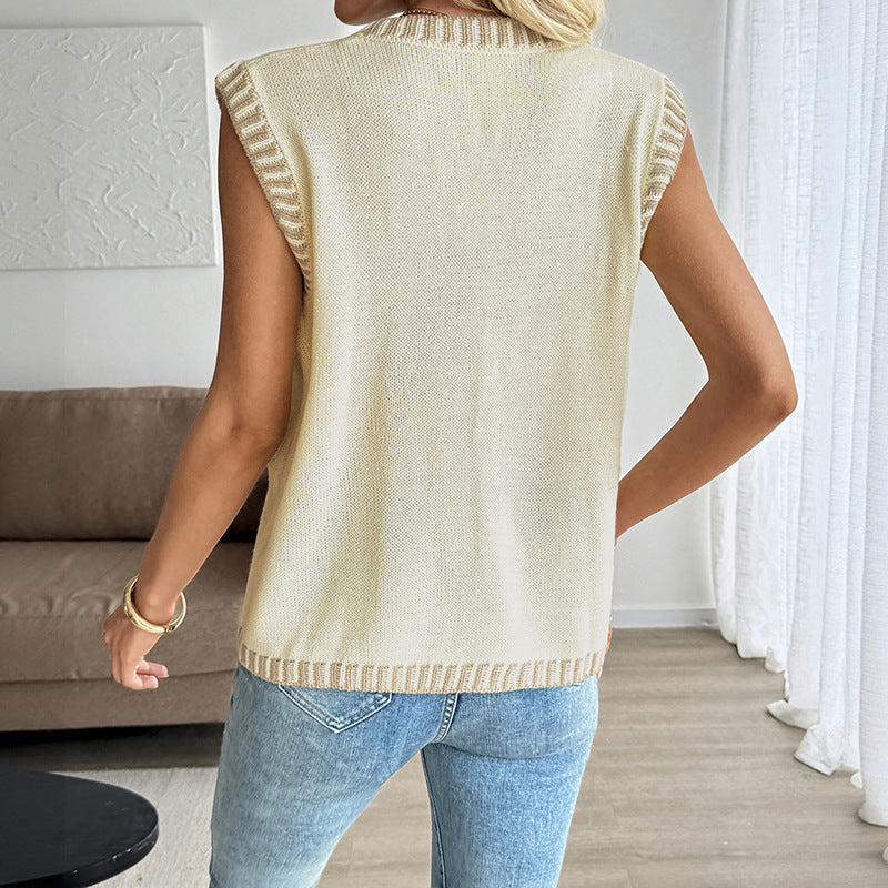 V-Neck Knit Vest with Contrast Trim and Patch Pockets
