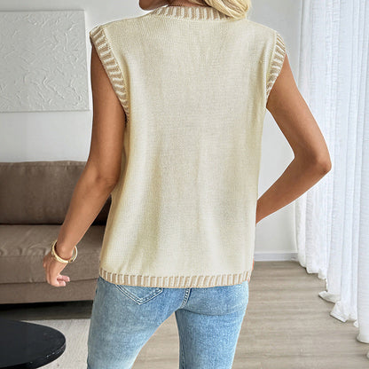 V-Neck Knit Vest with Contrast Trim and Patch Pockets