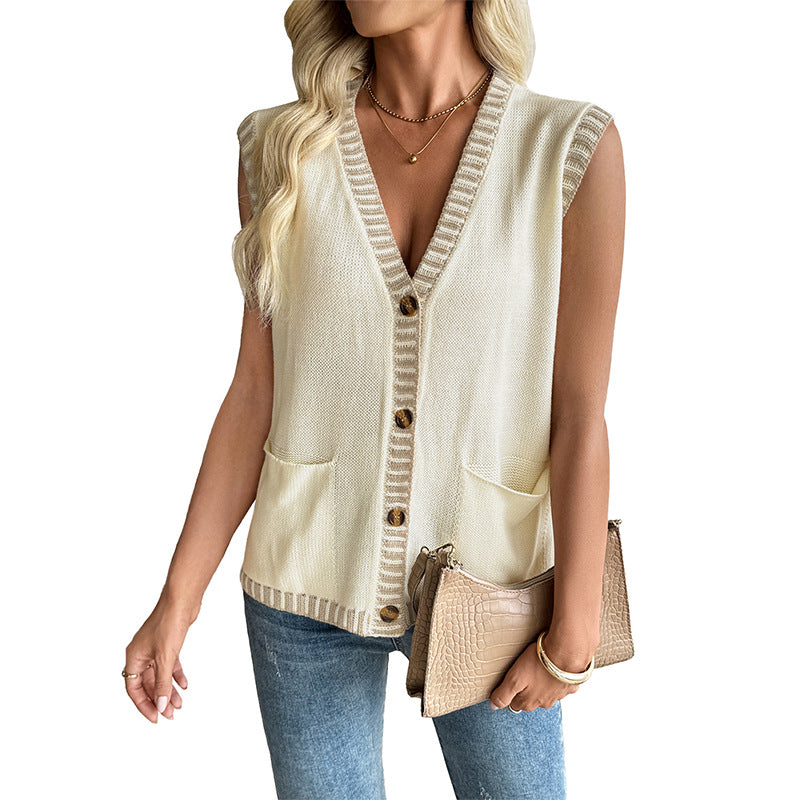 V-Neck Knit Vest with Contrast Trim and Patch Pockets