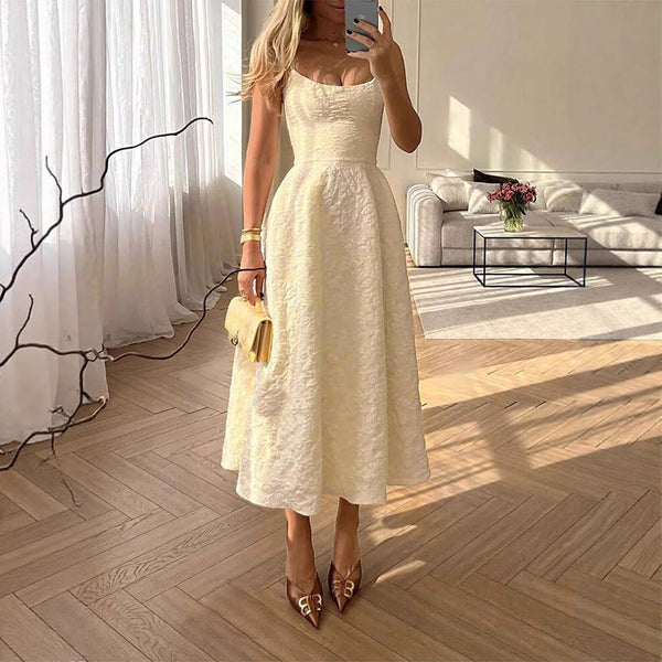 Embossed A-Line Midi Dress with Scoop Neckline