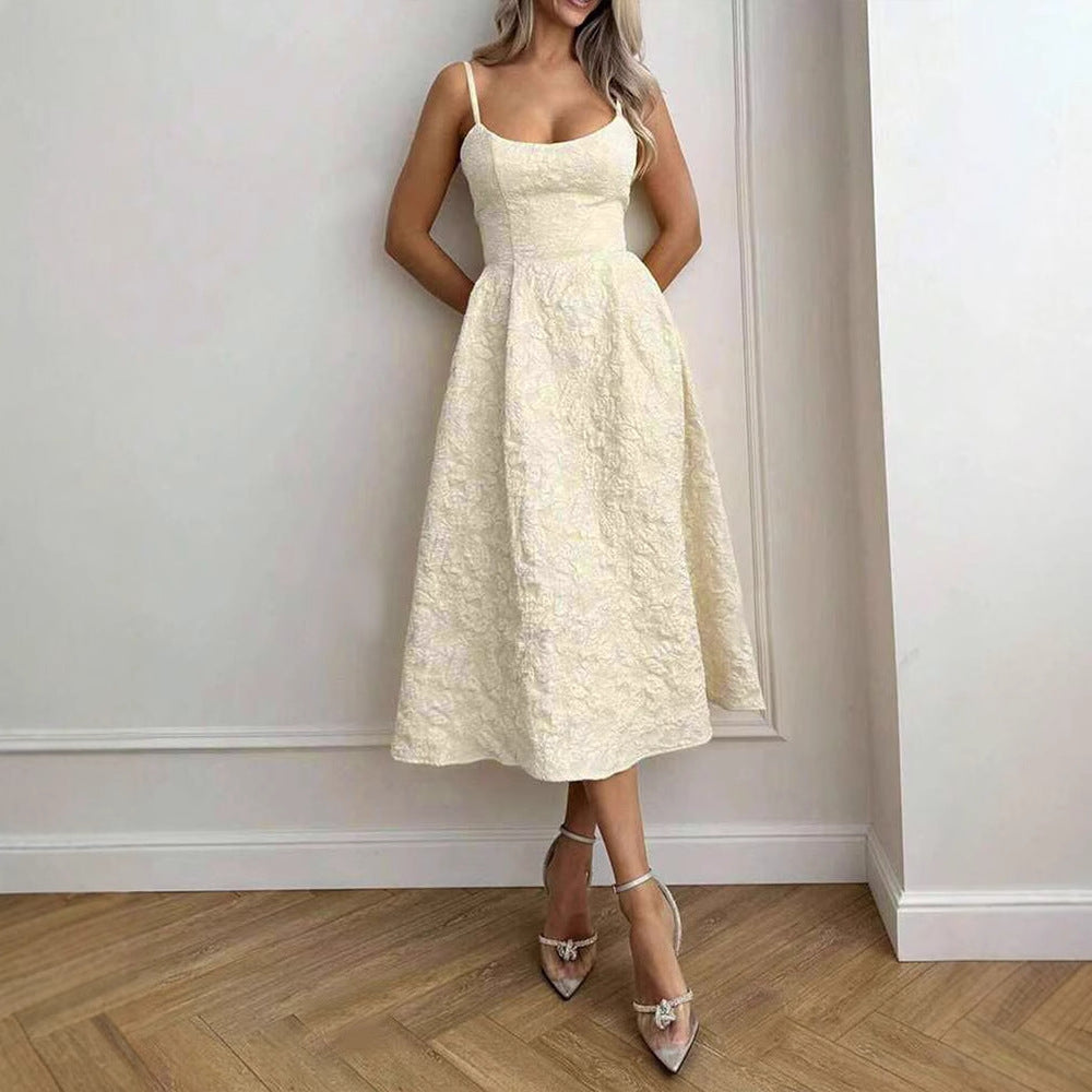Embossed A-Line Midi Dress with Scoop Neckline