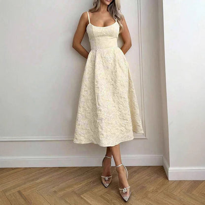 Embossed A-Line Midi Dress with Scoop Neckline