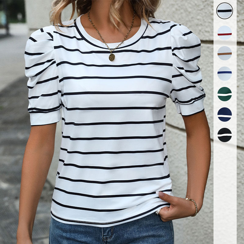 Striped Slim Fit T-Shirt with Puff Sleeves and Round Neck