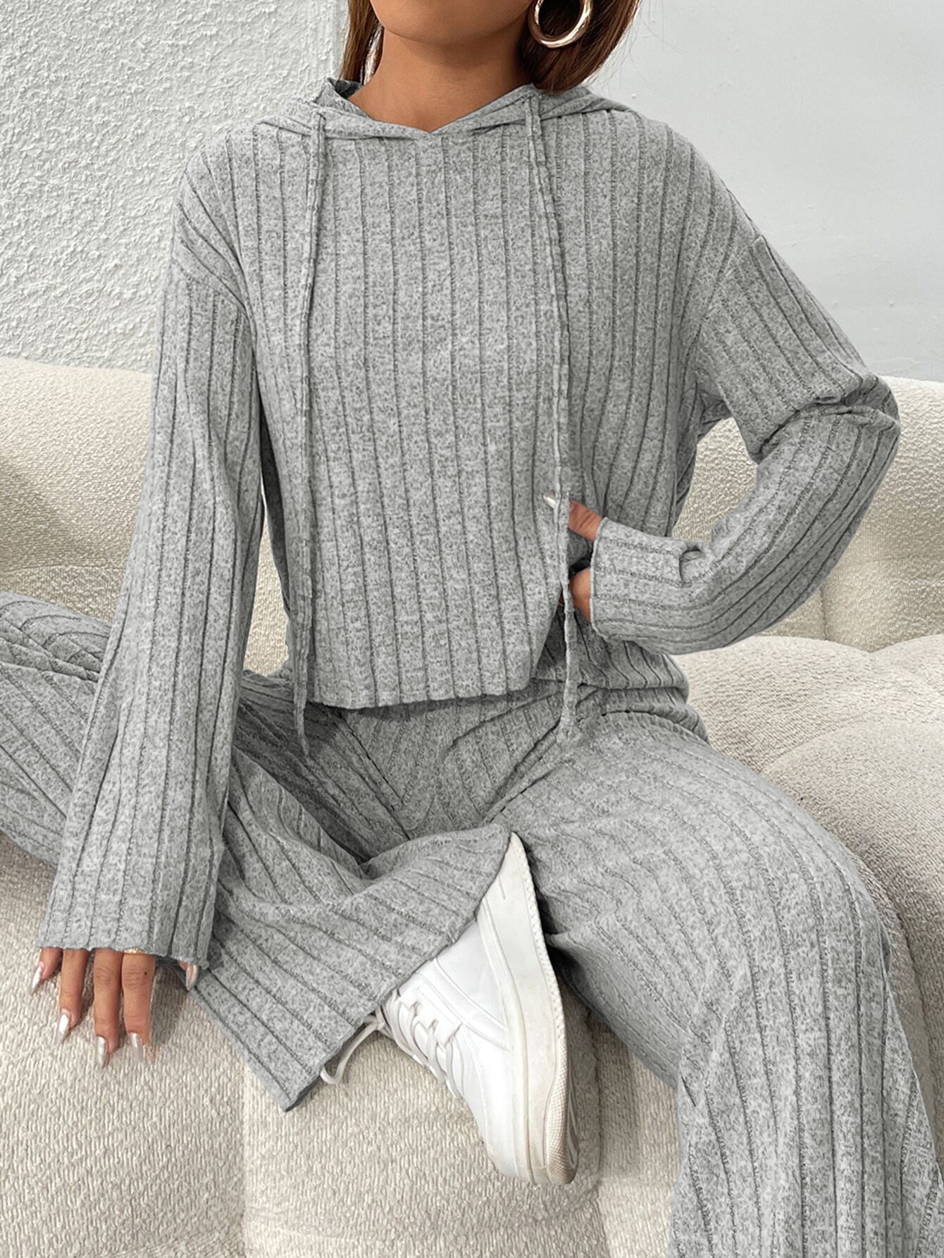 Rib-Knit Hooded Sweatshirt and Wide-Leg Pants Set