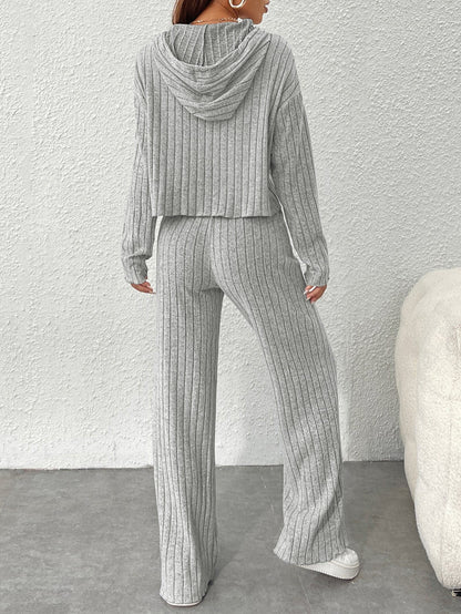 Rib-Knit Hooded Sweatshirt and Wide-Leg Pants Set