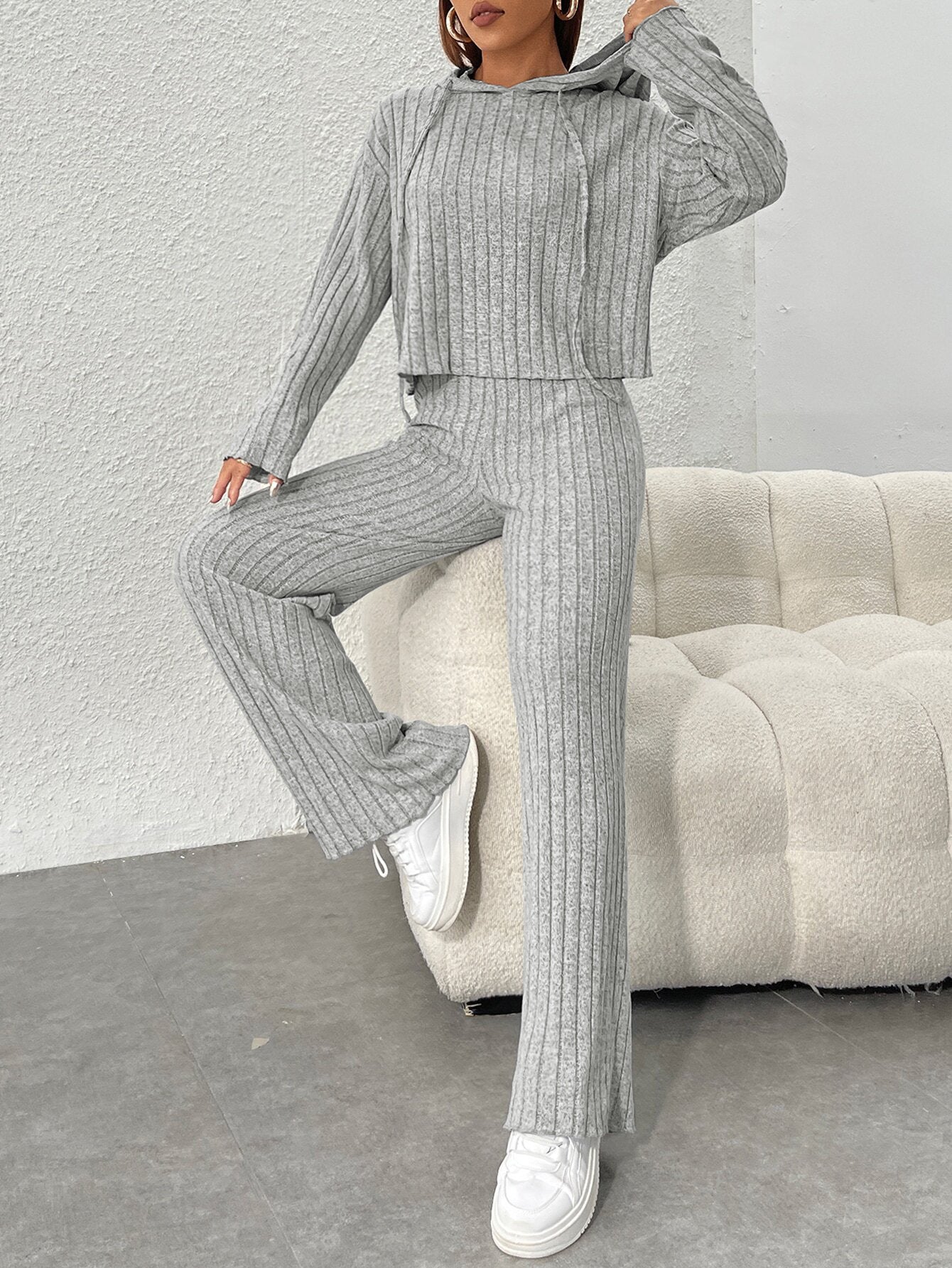 Rib-Knit Hooded Sweatshirt and Wide-Leg Pants Set