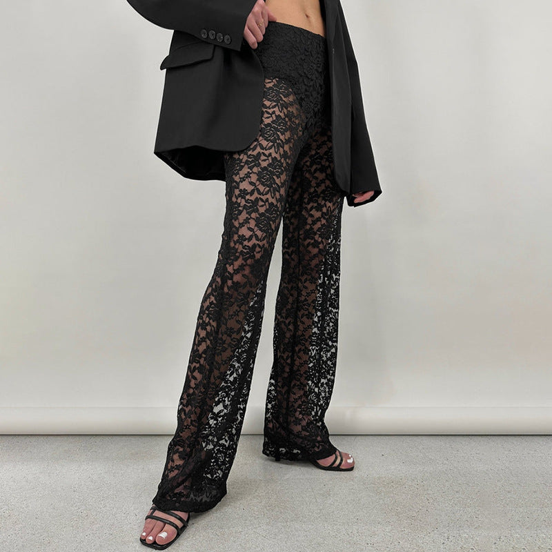 Straight-Leg Floral Lace Trousers with High Waist