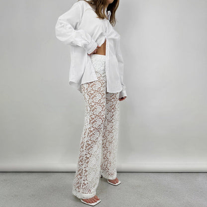 Straight-Leg Floral Lace Trousers with High Waist