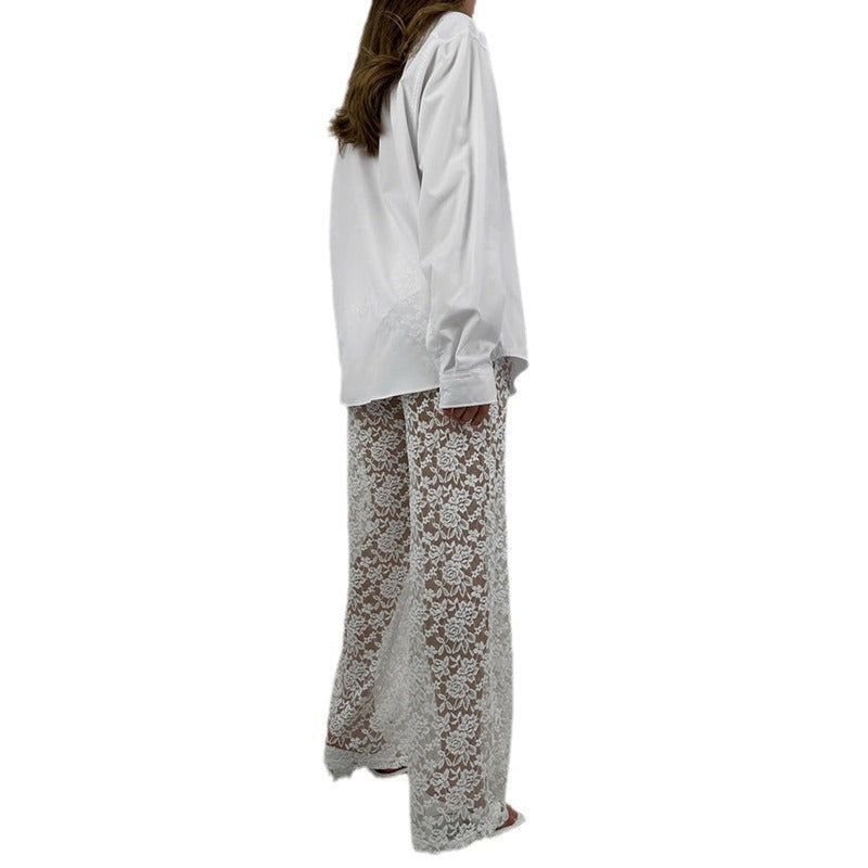 Straight-Leg Floral Lace Trousers with High Waist