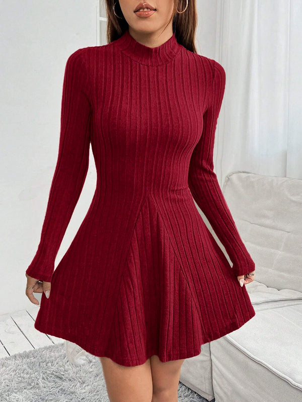 Ribbed A-Line Mini Dress with Mock Neck and Long Sleeves
