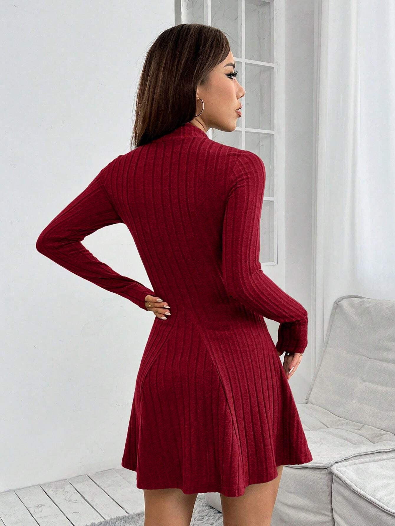 Ribbed A-Line Mini Dress with Mock Neck and Long Sleeves