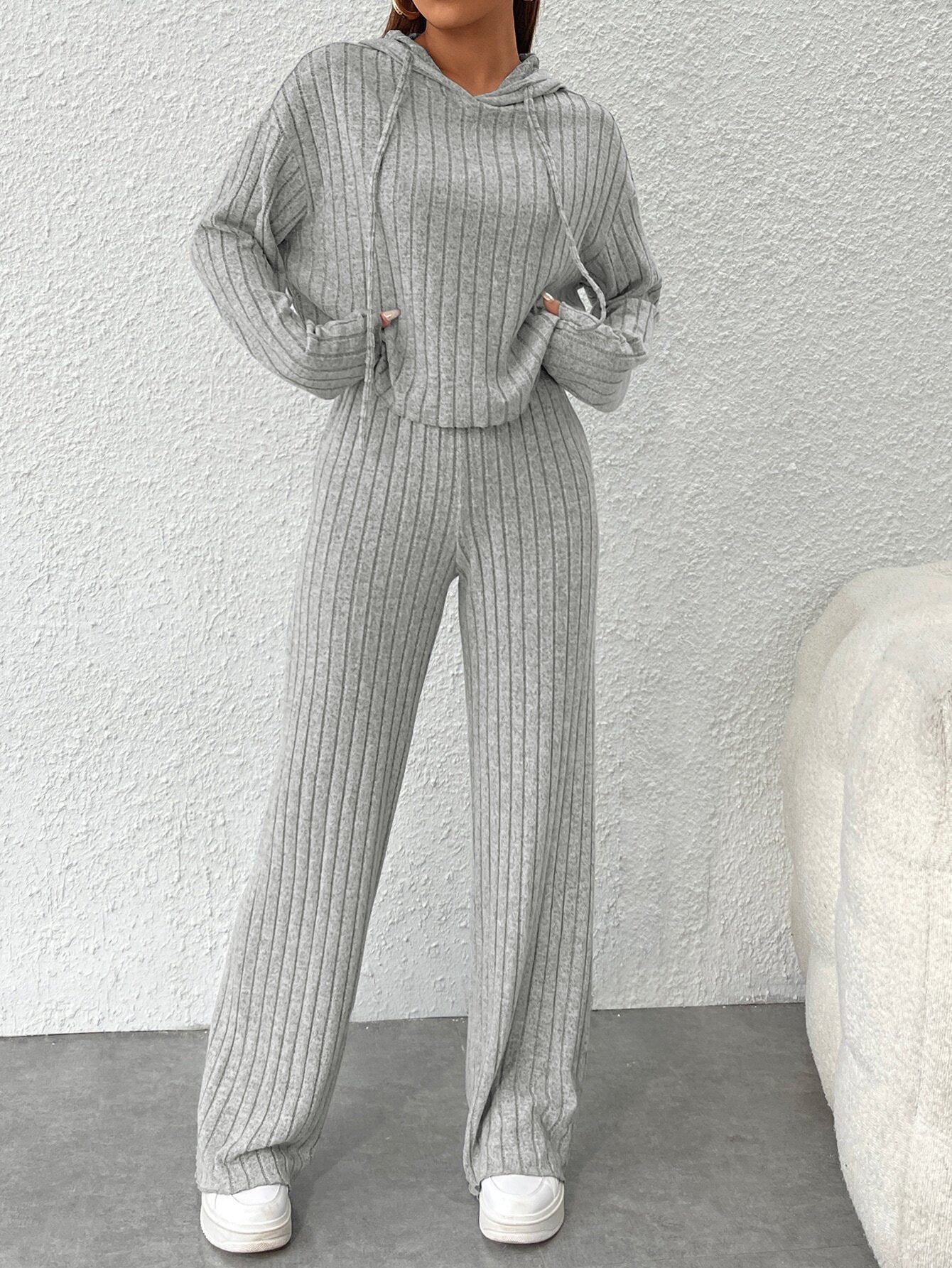 Rib-Knit Hooded Sweatshirt and Wide-Leg Pants Set